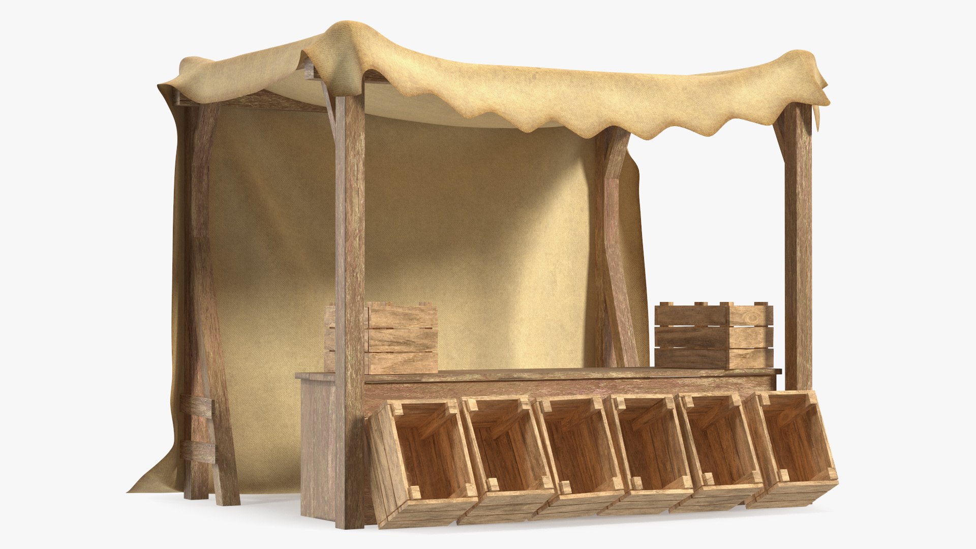 Wooden Market Stall with Beige Awning 3D model preview