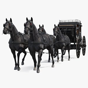 Four Black Horses Harness with Stagecoach 3D