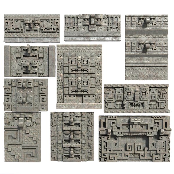 3D Low poly Mayan Inca Aztec Wall Modular Pack Mossy 210616 model