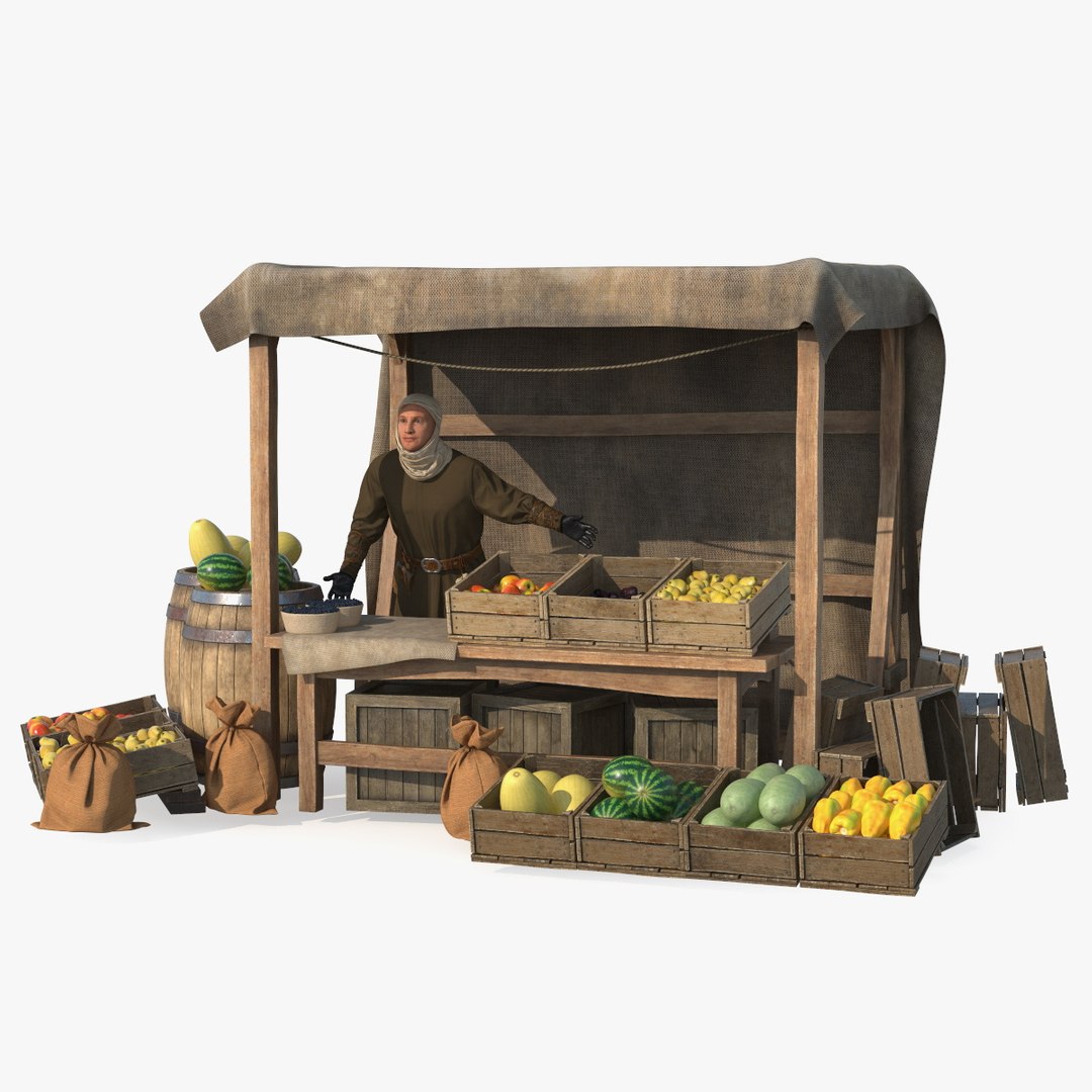 Medieval Merchant with Market Stall 3D model preview