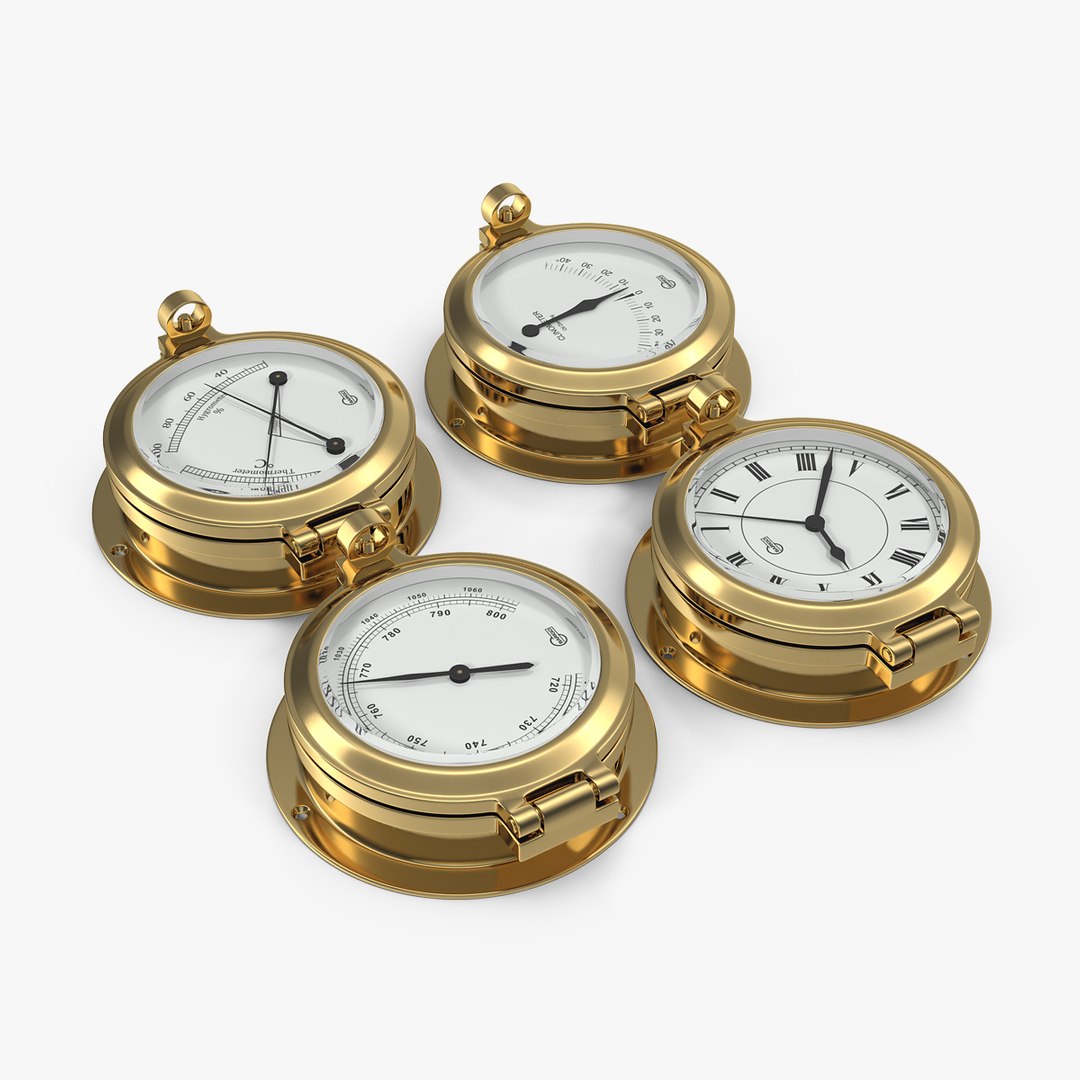 Ships Weather Station with Barometer Clinometer and Clock 3D model preview