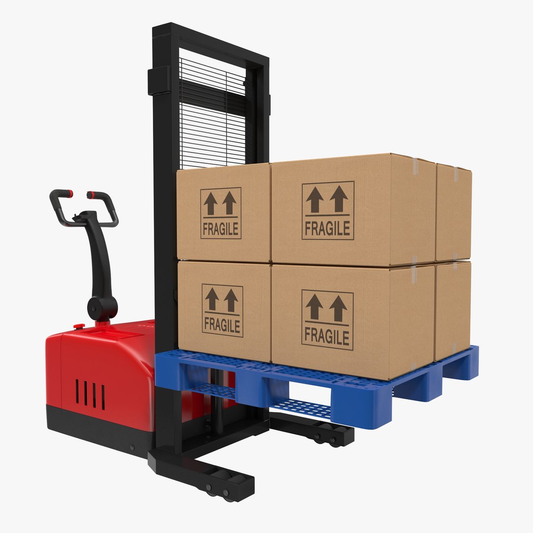 Electric Walkie Stacker with Plastic Pallet and Cardboard Boxes 3D Models 3D model preview