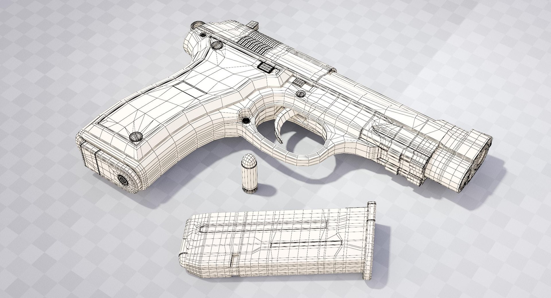 3D 9mm pistol model https://p.turbosquid.com/ts-thumb/t7/OSwWcP/4VfwmM9A/00256_pistol_9mm_surface_v013_03_wireframe_no_subdivision_wht.rgb_color.0004/jpg/1551369297/1920x1080/fit_q87/e69649cad42111a5a893a8f3c377d944c8d04bc2/00256_pistol_9mm_surface_v013_03_wireframe_no_subdivision_wht.rgb_color.0004.jpg