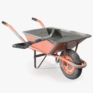 One Wheel Construction Cart Full of Concrete with Shovel model