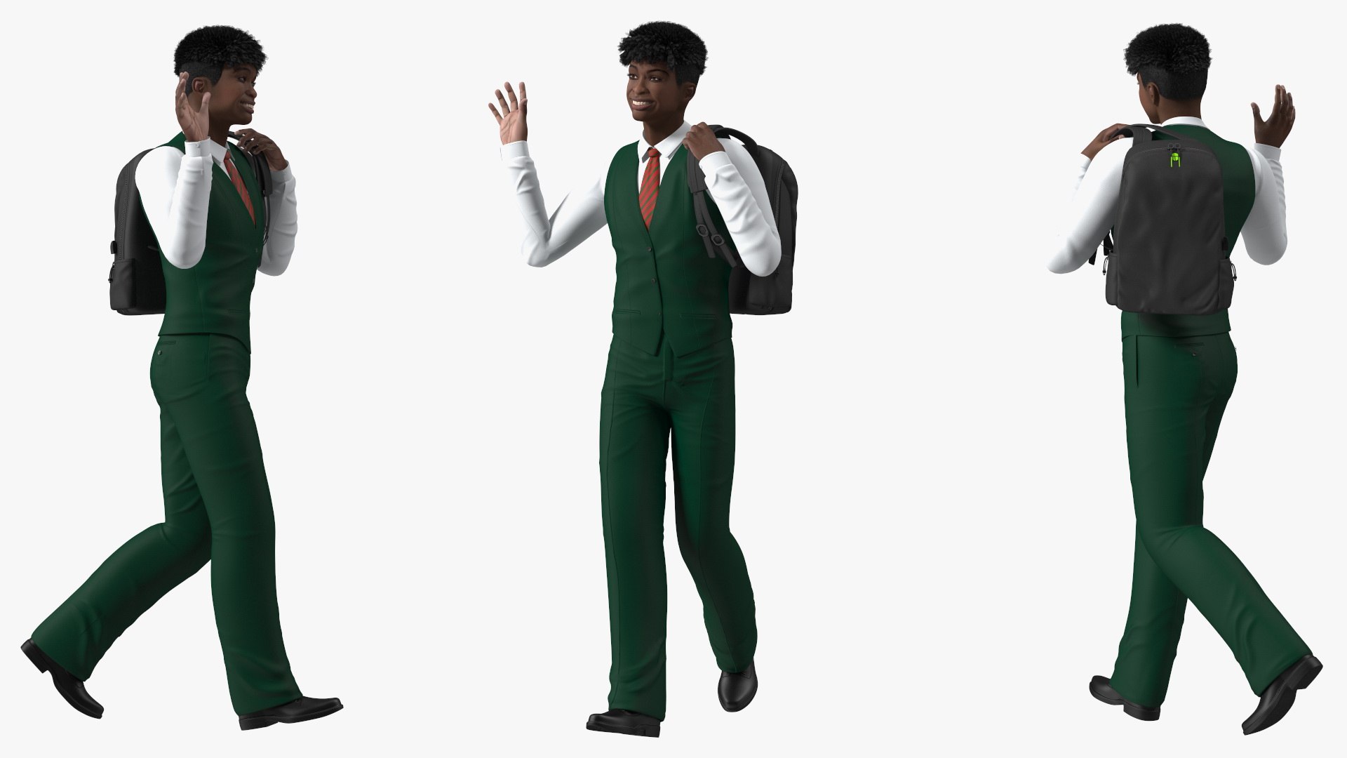 Black Teenager Dark Skin School Uniform Walking 3D model preview