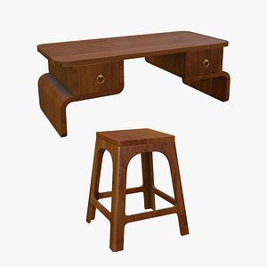 3D Wooden Coffee Table With Stool Chair model