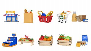 3D Cartoon supermarket UI icon Shopping bag Shopping cart Cash register Fruit vegetables egg milk model