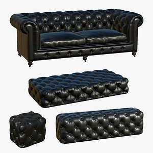 Chesterfield Sofa Black Realistic Leather Ottoman