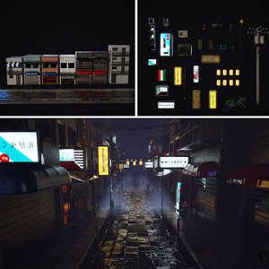 3D model Japanese street alley Pack low-poly 3d model Low-poly 3D model