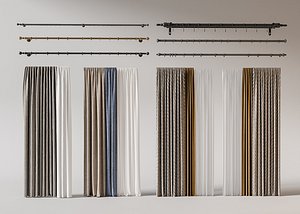 Double Panel Curtains Set Curtain Rod 3D model