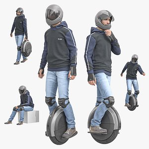 Man with electric unicycle several poses collection