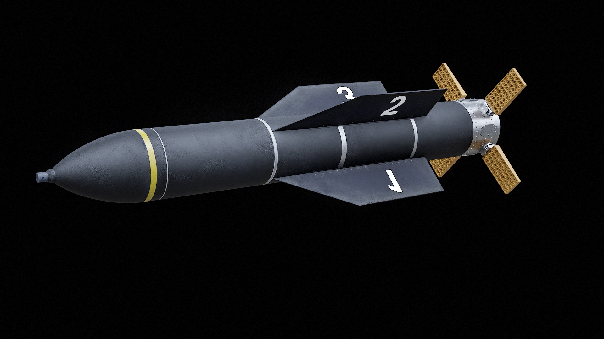 3D GBU-57 MOP Guided Bomb Unit Black Flight Test Edition PBR https://p.turbosquid.com/ts-thumb/tG/SRjnew/gh/turn/png/1790411517/1920x1080/turn_fit_q99/762cf583fbb126d68ec9c485f24bbbd5dac2a925/turn-1.jpg