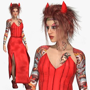 Realistic Rigged Tattoo Demon Devil Female Character 3D Model