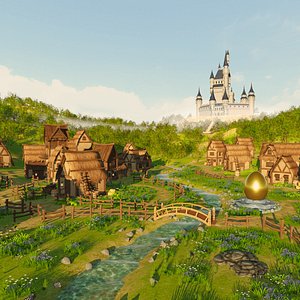 3D Medieval Village Environment  with Cottages Forest and Castle