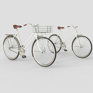 3D White Retro Step Through City Bicycle with Basket