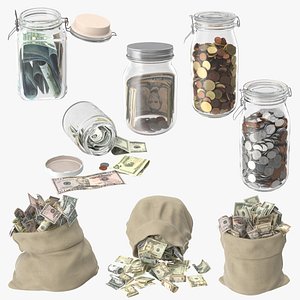 3d money bags jars