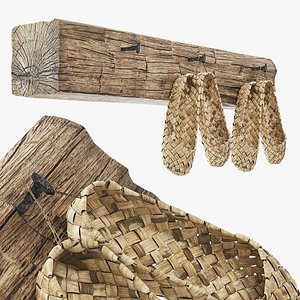 3D Aged Bast Shoes Hanging on Old Timber