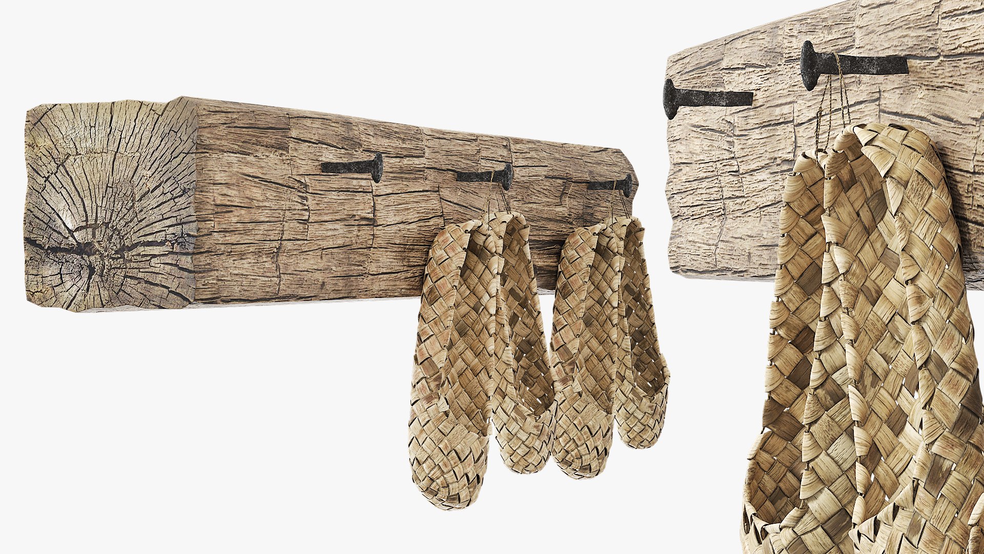 Aged Bast Shoes Hanging on Old Timber 3D model preview