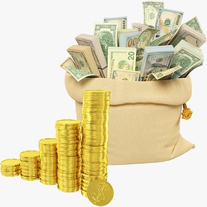 Money Bag and Coins Stacks Collection V2 3D model