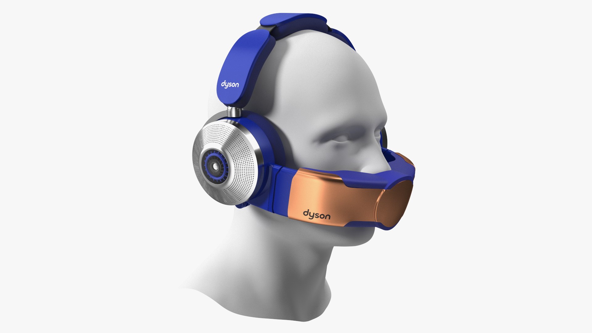 Orange Headphones Dyson Air Purifier Dressed on Mannequin Head 3D model preview