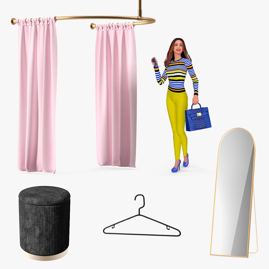 Fashionable Woman with Fitting Room Equipment Collection 3D model preview