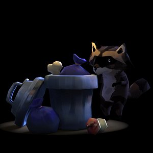 Raccoon and trash bin