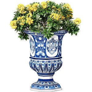 Bouquet yellow flowers Faience pot vase urn planters decoration 3D model
