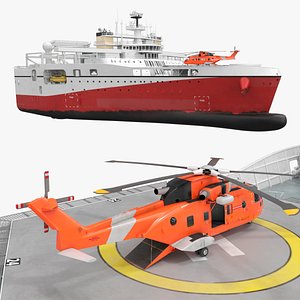 Multi-Purpose Seismic Support Ship with Rescue Chopper White and Red 3D model