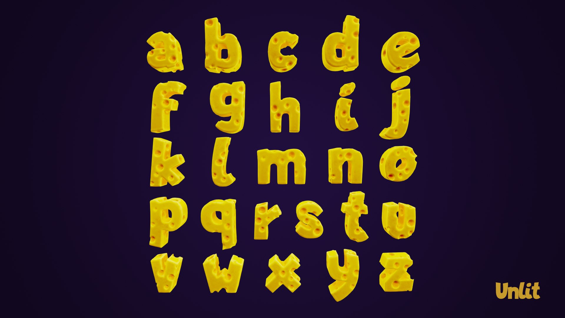 Cheese Alphabet lower-case 3D model https://p.turbosquid.com/ts-thumb/tV/FTfPGI/Al/lowercaserectunlitdark/png/1689957357/1920x1080/fit_q87/71bdd4d4ef3ba69549255cfb56cb85ee73162617/lowercaserectunlitdark.jpg