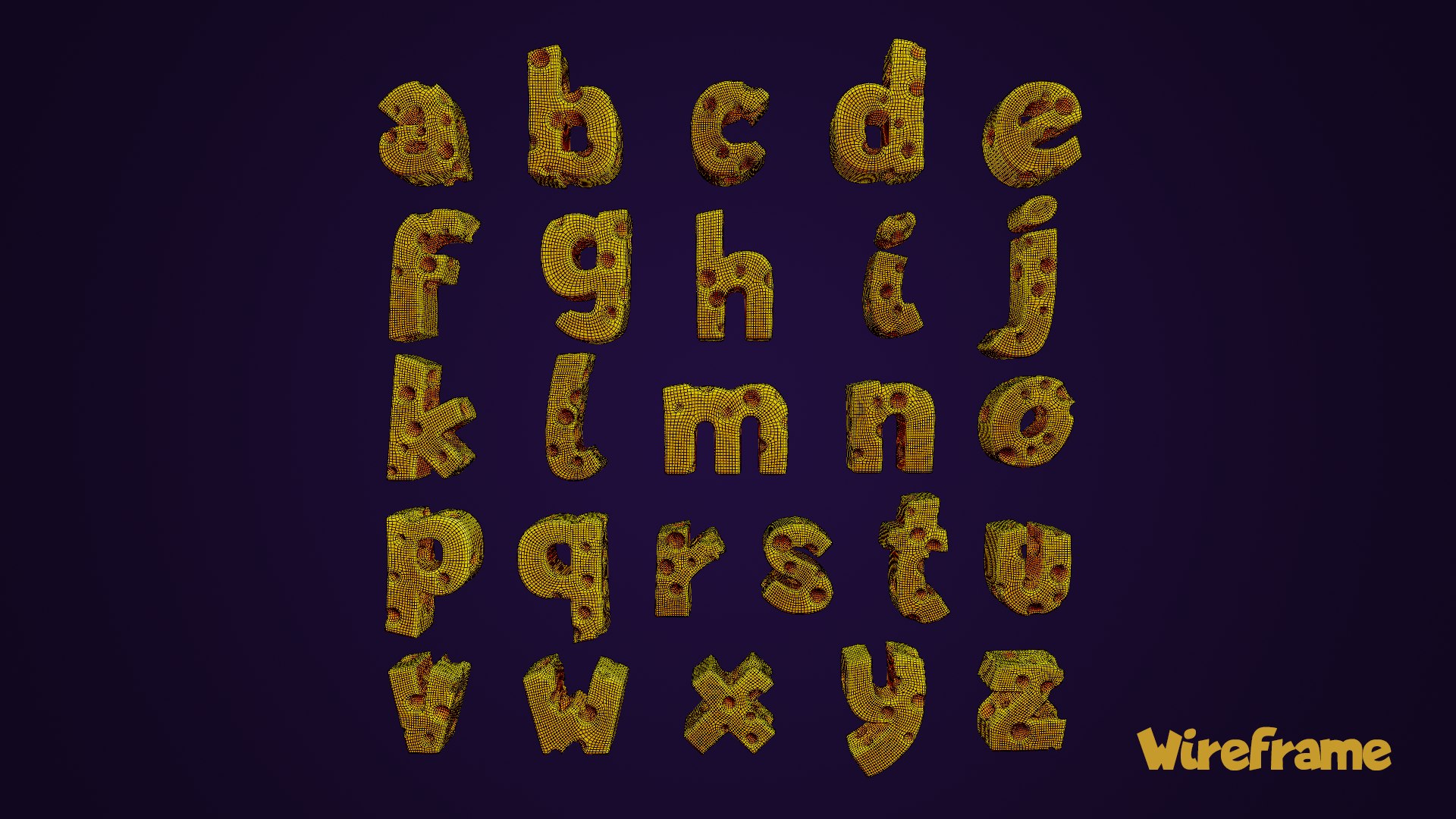 Cheese Alphabet lower-case 3D model https://p.turbosquid.com/ts-thumb/tV/FTfPGI/E6/lowercaserectwireframedark/png/1689957358/1920x1080/fit_q87/974cf0bb4734b35c151d6ec59adae9c1846eb020/lowercaserectwireframedark.jpg