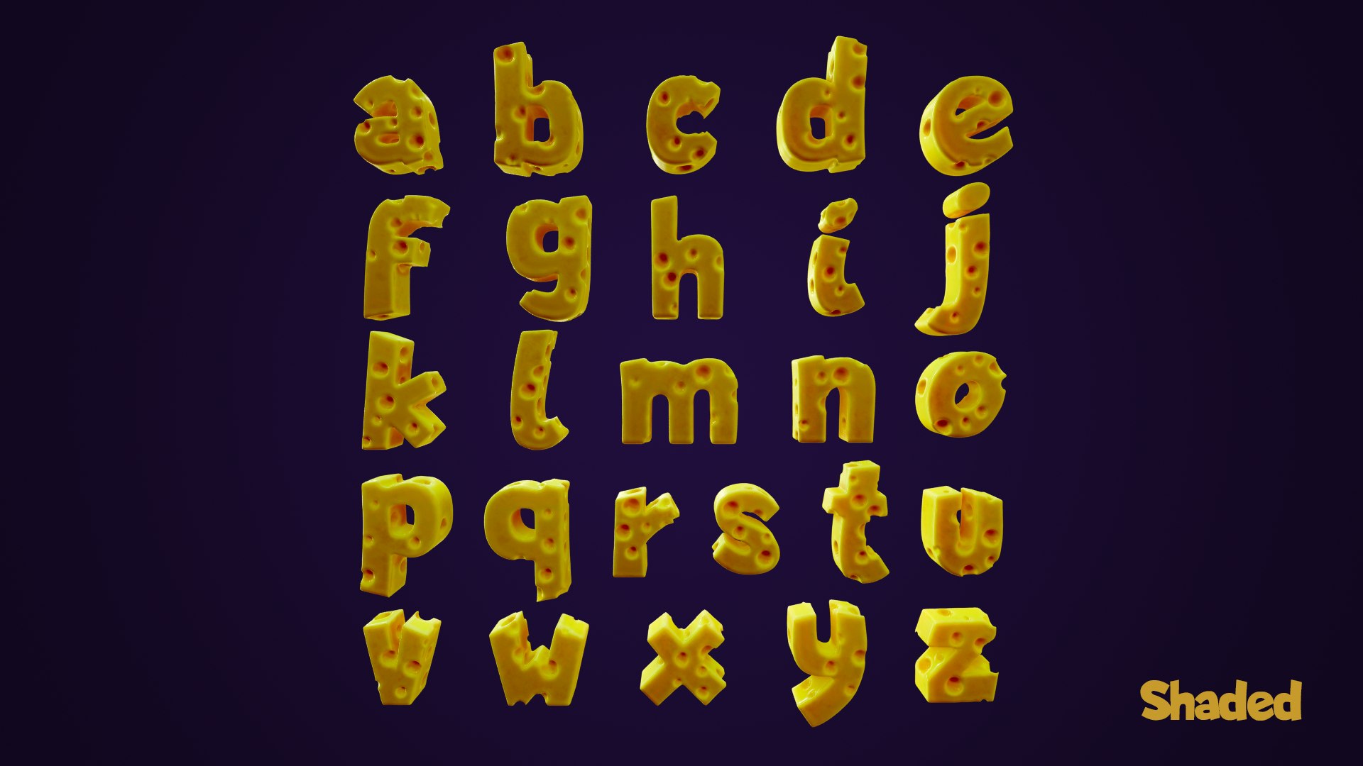 Cheese Alphabet lower-case 3D model https://p.turbosquid.com/ts-thumb/tV/FTfPGI/Fj/lowercaserectshadeddark.02/png/1689957356/1920x1080/fit_q87/516384f6b71351938bba33ac8e71ee0d7d26c59d/lowercaserectshadeddark.02.jpg