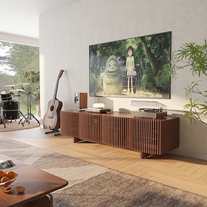 Music Lover Living Room with Mid-century Fluted Wood TV Cabinet 3D Scene