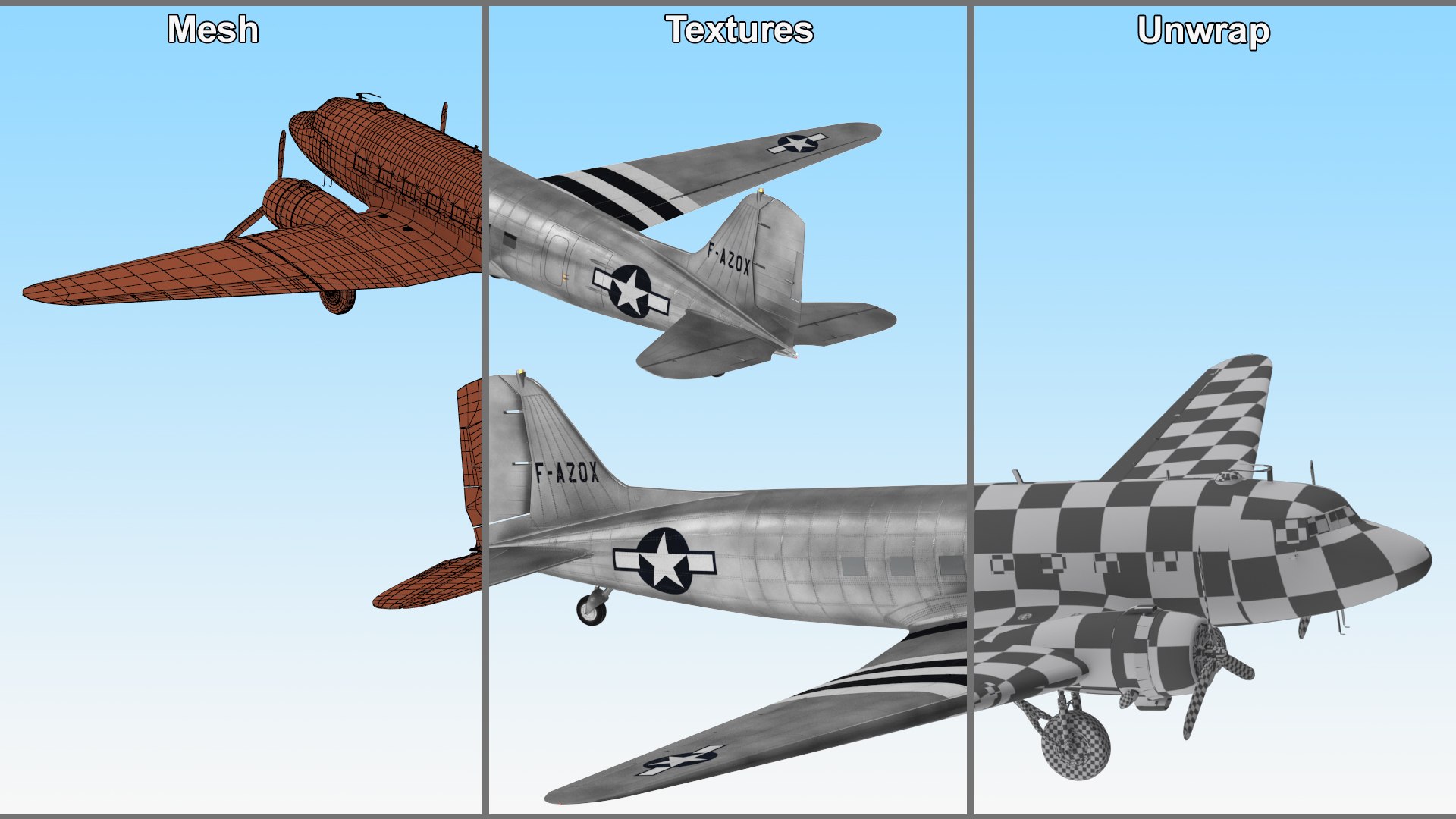 WWII Douglas DC-3 Skytrain Aircraft 3D https://p.turbosquid.com/ts-thumb/tX/vGlIoR/GX/wwiidouglasdc3skytrainaircraftmb3dmodel040/jpg/1719220790/1920x1080/fit_q87/0640224f19b48a9a32d3b0bf487c8927aec08d83/wwiidouglasdc3skytrainaircraftmb3dmodel040.jpg