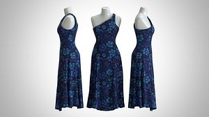 Woman Dress 2 Blue Floral Flannel 3D model
