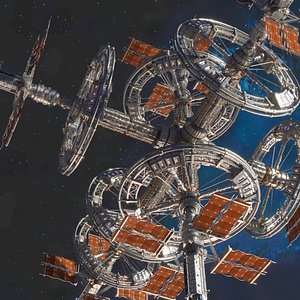 Rotating Space Habitat with Docking Nodes Metallic Gray