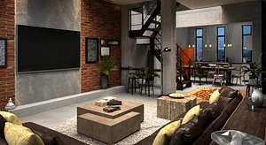3D Industrial Loft Interior  Living Room and  Kitchen Interior  PBR Mid Poly Interior