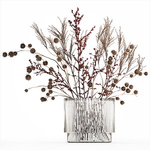 Bouquet Of Dried Flowers Vase Ilex Dry Branches Holly  493 3D