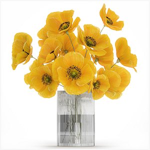 Bouquet Of Yellow Wild Flowers Poppy Glass Vase 465 3D