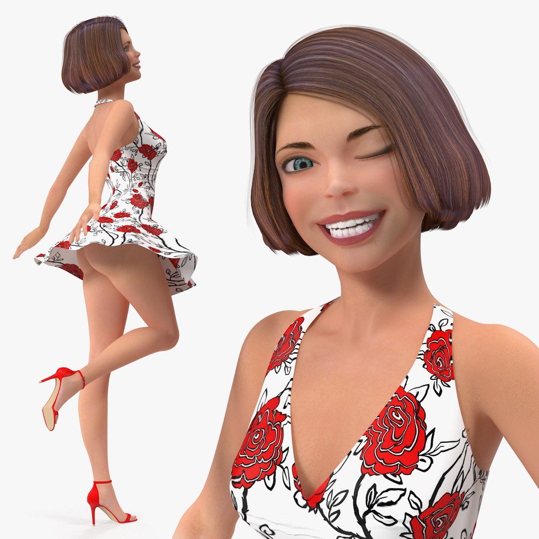 Cartoon Young Woman Romantic Dress Rigged 3D model preview