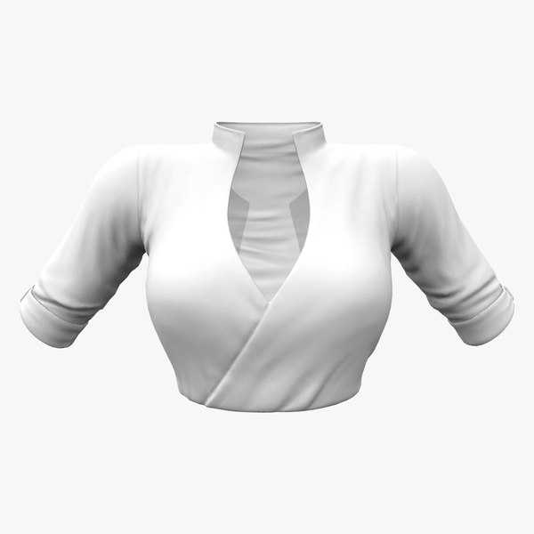 Tucked in White Wrapped Shirt Top Rolled Sleeves Standing Collar 3D model