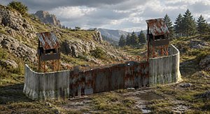 3D model Post Apocalyptic Security Wall Kit Modular Defensive Barrier With Guard Towers