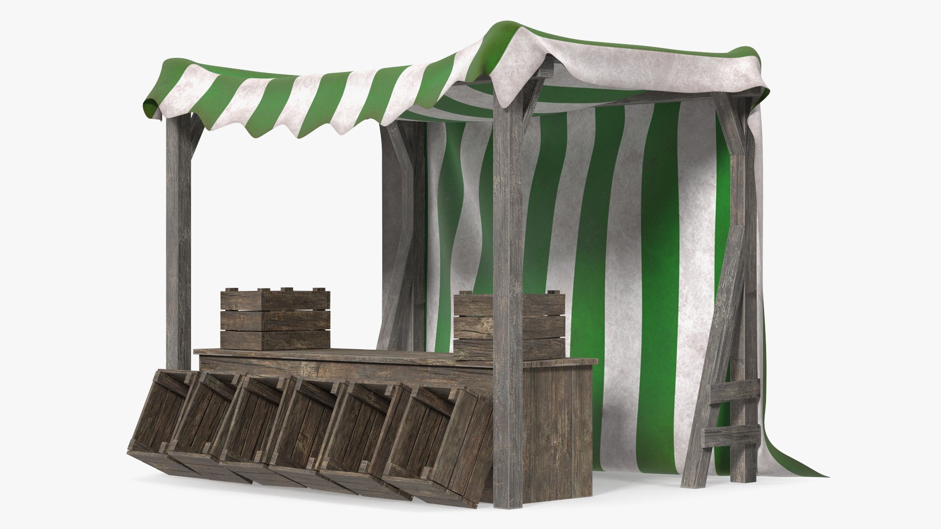 Wooden Market Stall with Striped Awning 3D model preview