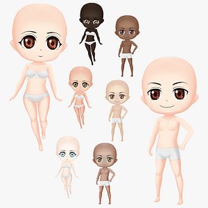 Hand Painted Chibi Character Low Poly Base Mesh Full Bundle