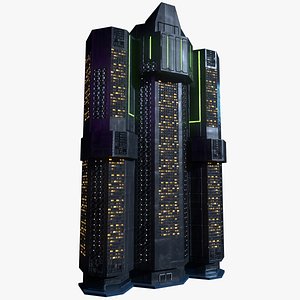 Low-Poly Brutalist Cyberpunk Skyscraper 264 Tris Classic Night Tower 4K PBR model