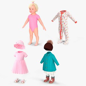 3D Baby Girl with Baby Clothes Collection