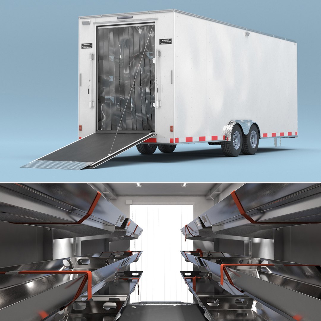 Emergency Mortuary Storage Trailer White with Interior Rigged 3D model for vehicle visualization, games, animation, transport scenes, and automotive rendering