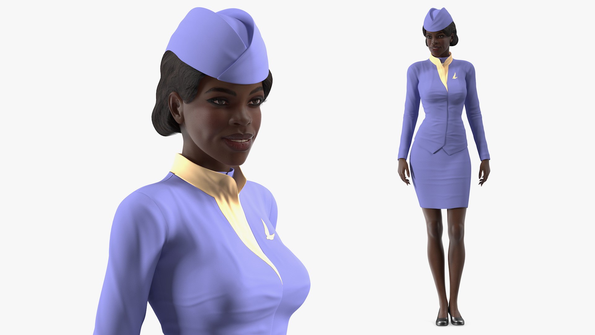 Dark Skinned Black Stewardess Standing Pose 3D model preview