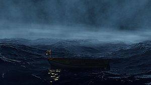 A boat in the middle of a storm in the ocean CGI