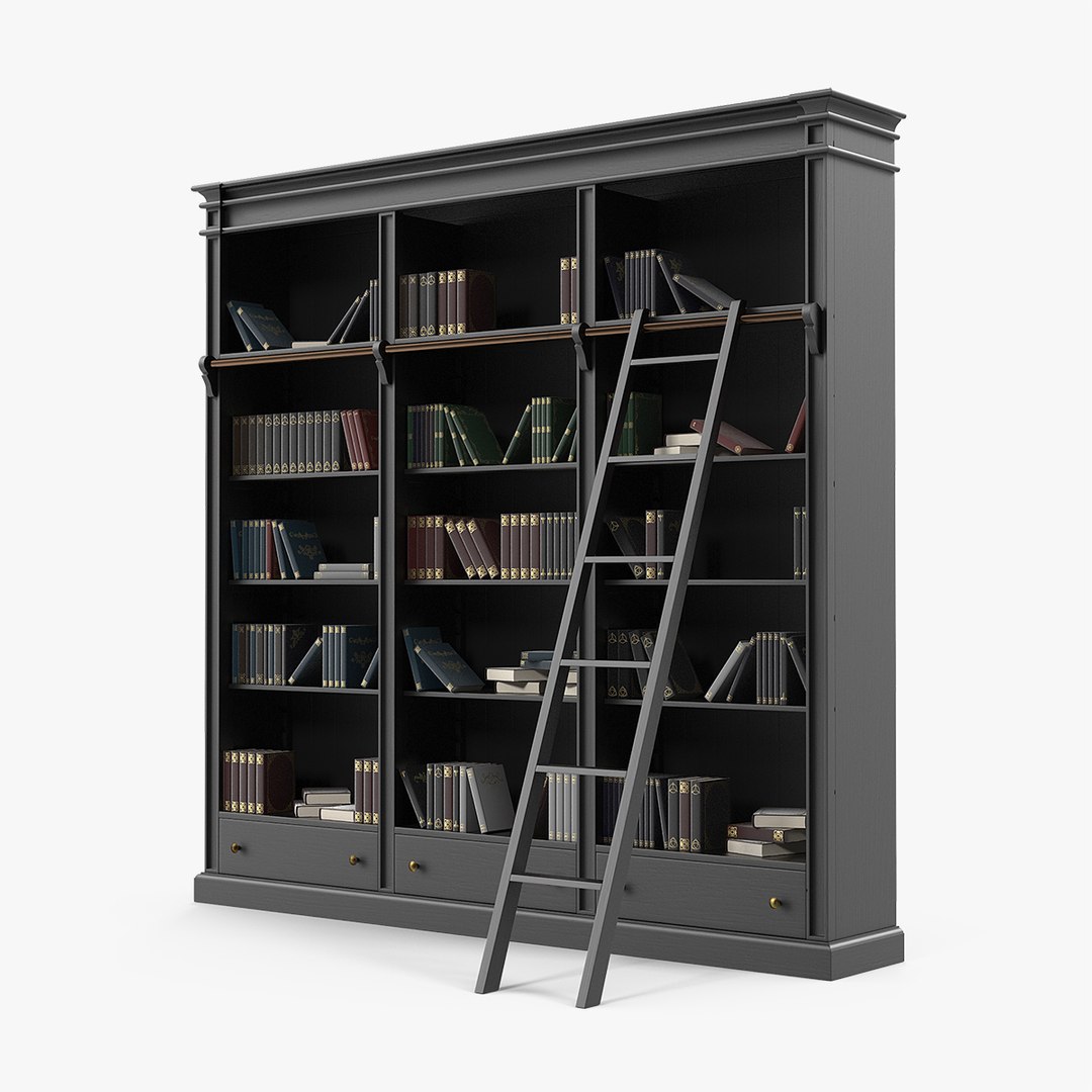 Black Open Library Bookcase with Books 3D model preview