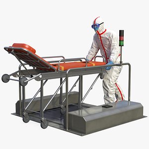 Protective Suit with Hospital Bed Gurney on Automatic Sole Cleaner